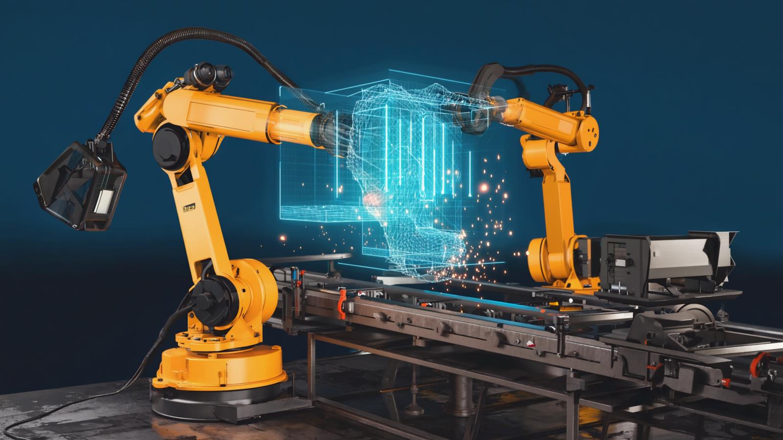 A robotic arm beside its glowing wireframe twin